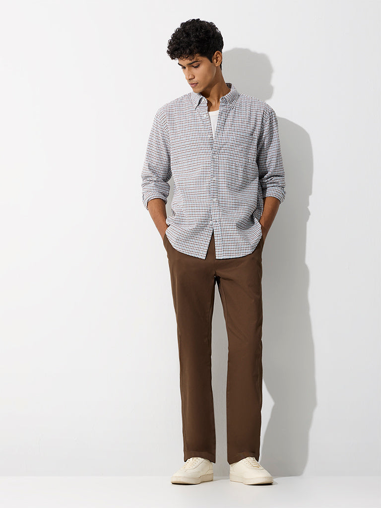 WES Casuals Light Blue Checkered Relaxed-Fit Cotton Shirt