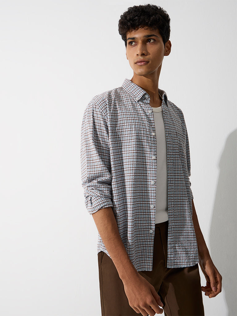 WES Casuals Light Blue Checkered Relaxed-Fit Cotton Shirt