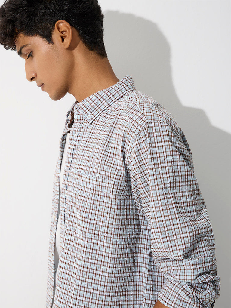 WES Casuals Light Blue Checkered Relaxed-Fit Cotton Shirt