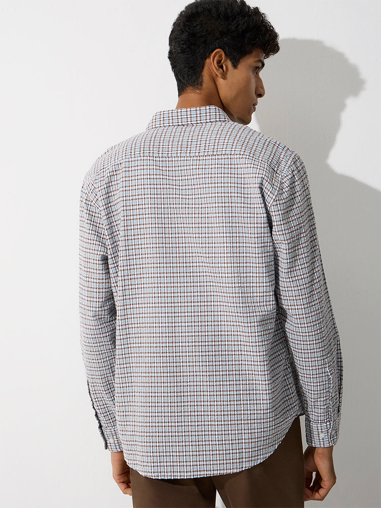 WES Casuals Light Blue Checkered Relaxed-Fit Cotton Shirt