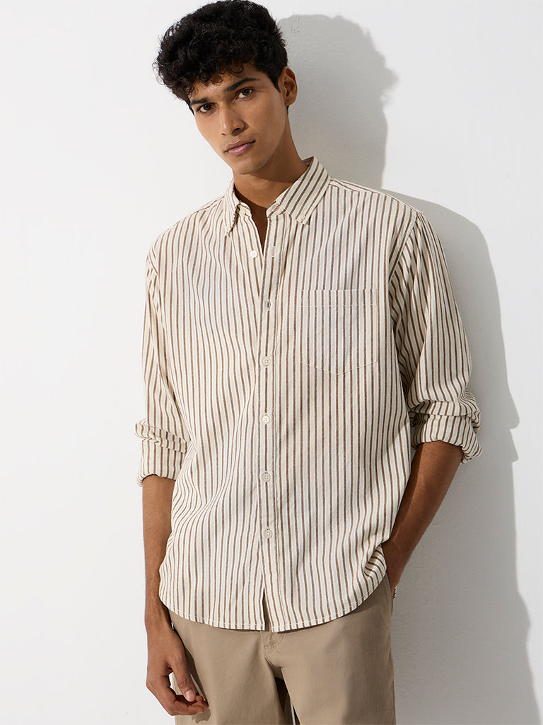 WES Casuals Brown Striped Relaxed-Fit Cotton Shirt