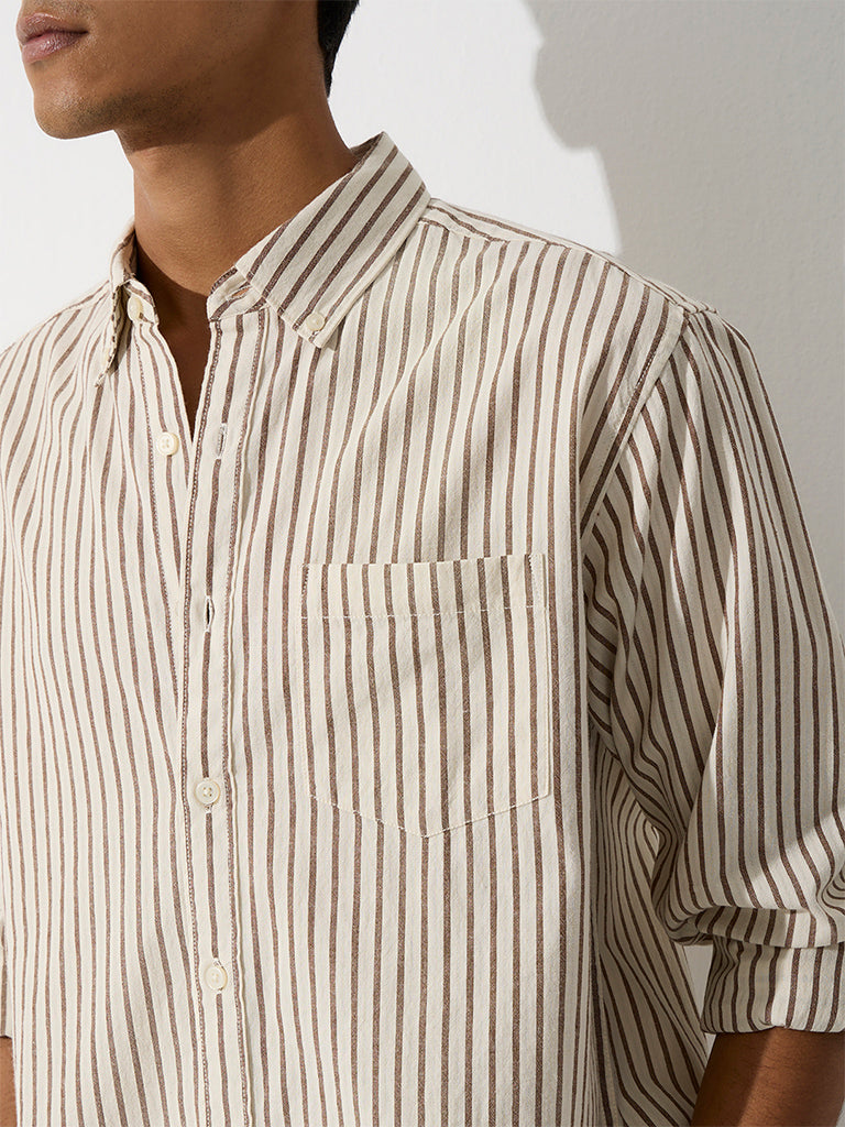 WES Casuals Brown Striped Relaxed-Fit Cotton Shirt