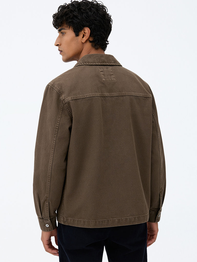 WES Casuals Dark Brown Relaxed-Fit Denim Shirt