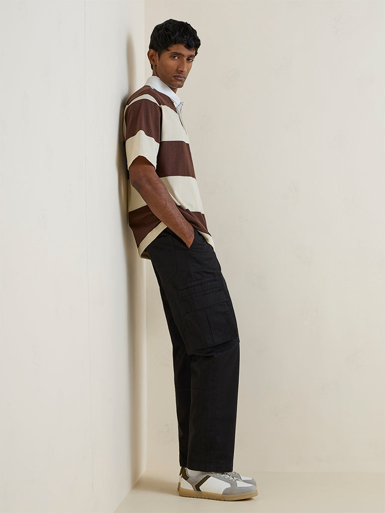WES Casuals Beige Striped Relaxed-Fit Cotton Polo T-Shirt