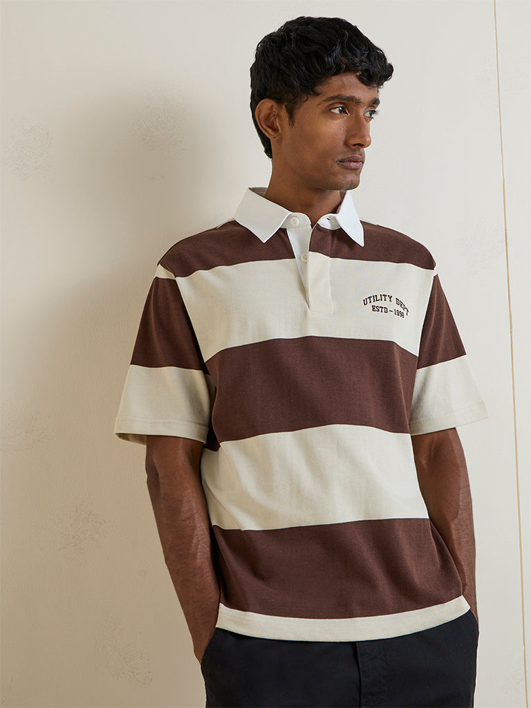 WES Casuals Beige Striped Relaxed-Fit Cotton Polo T-Shirt