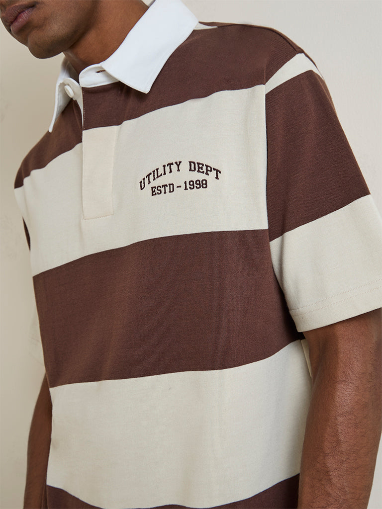 WES Casuals Beige Striped Relaxed-Fit Cotton Polo T-Shirt