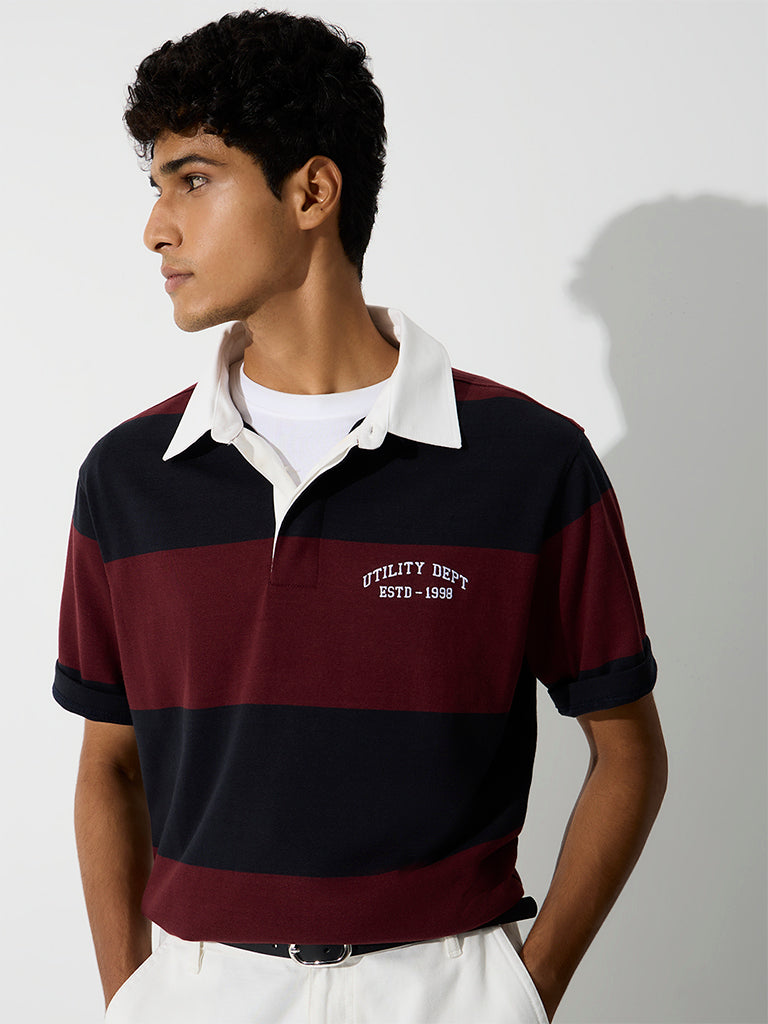 WES Casuals Burgundy Striped Relaxed-Fit Cotton Polo T-Shirt
