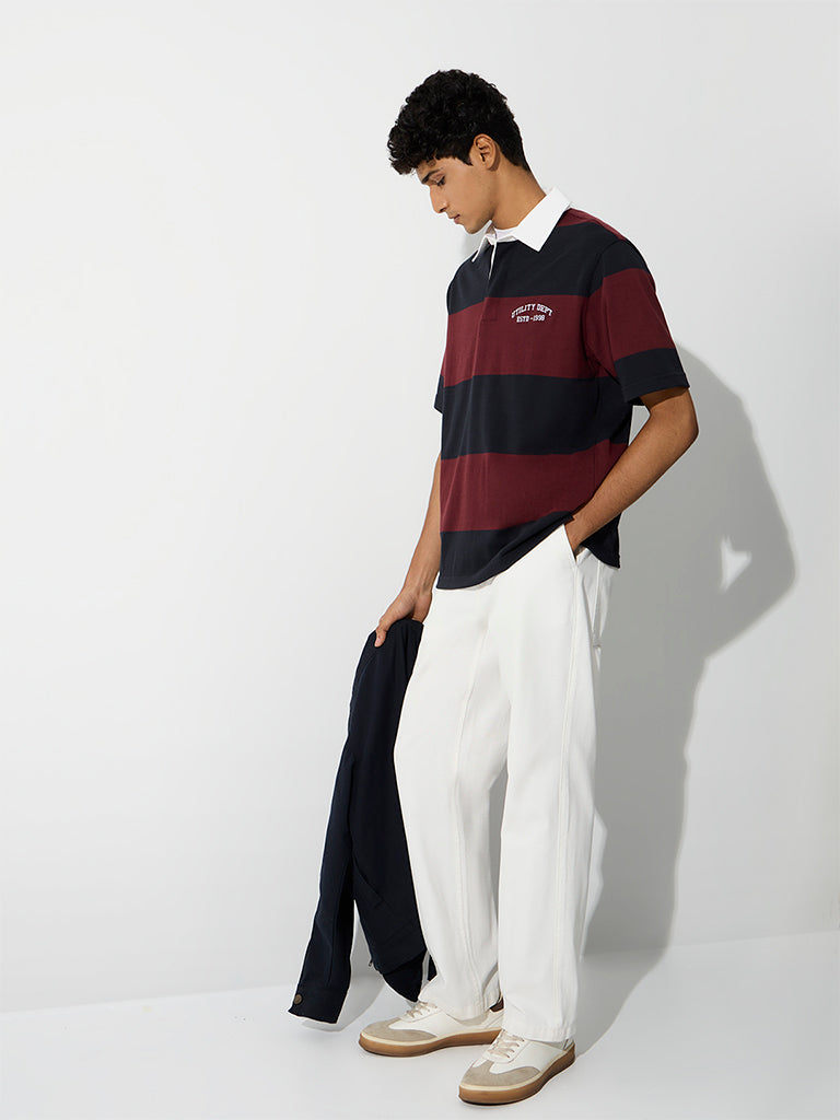 WES Casuals Burgundy Striped Relaxed-Fit Cotton Polo T-Shirt