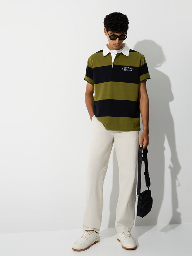 WES Casuals Olive Relaxed-Fit Cotton-Blend Polo T-Shirt