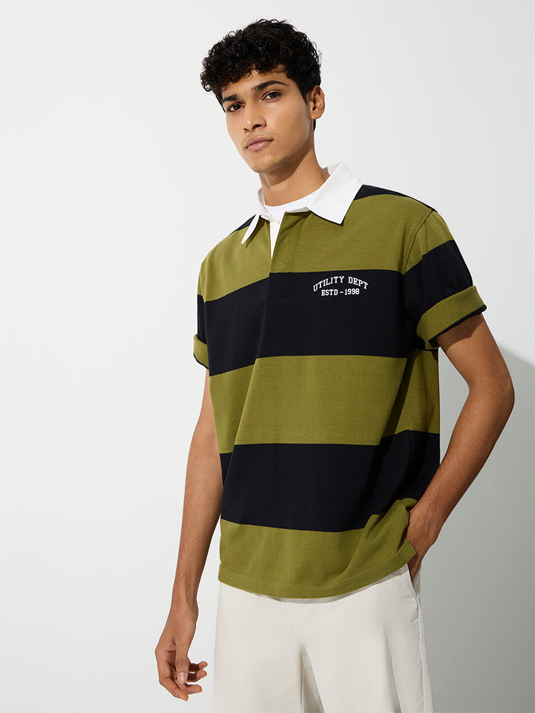 WES Casuals Olive Relaxed-Fit Cotton-Blend Polo T-Shirt
