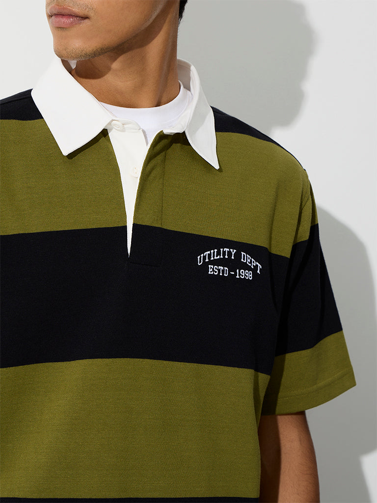 WES Casuals Olive Relaxed-Fit Cotton-Blend Polo T-Shirt