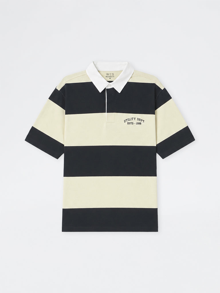 WES Casuals Cream & Black Relaxed-Fit Cotton-Blend Polo T-Shirt