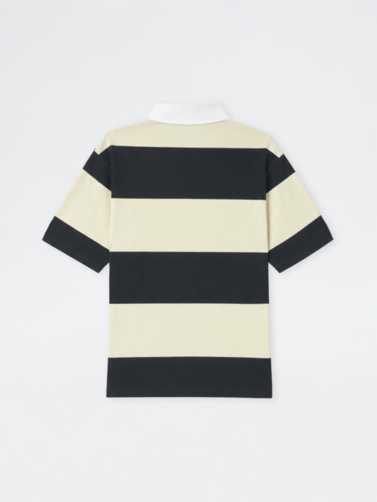 WES Casuals Cream & Black Relaxed-Fit Cotton-Blend Polo T-Shirt