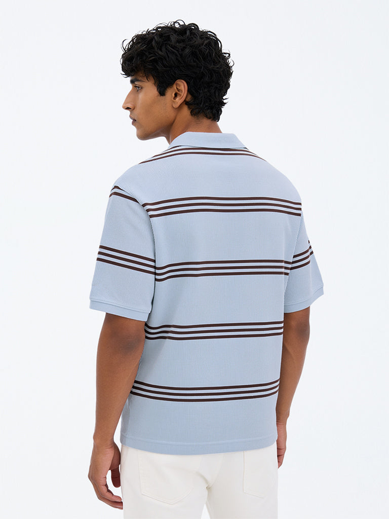 WES Casuals Light Blue Striped Relaxed-Fit  Quarter-Zip Cotton-Blend Polo T-Shirt