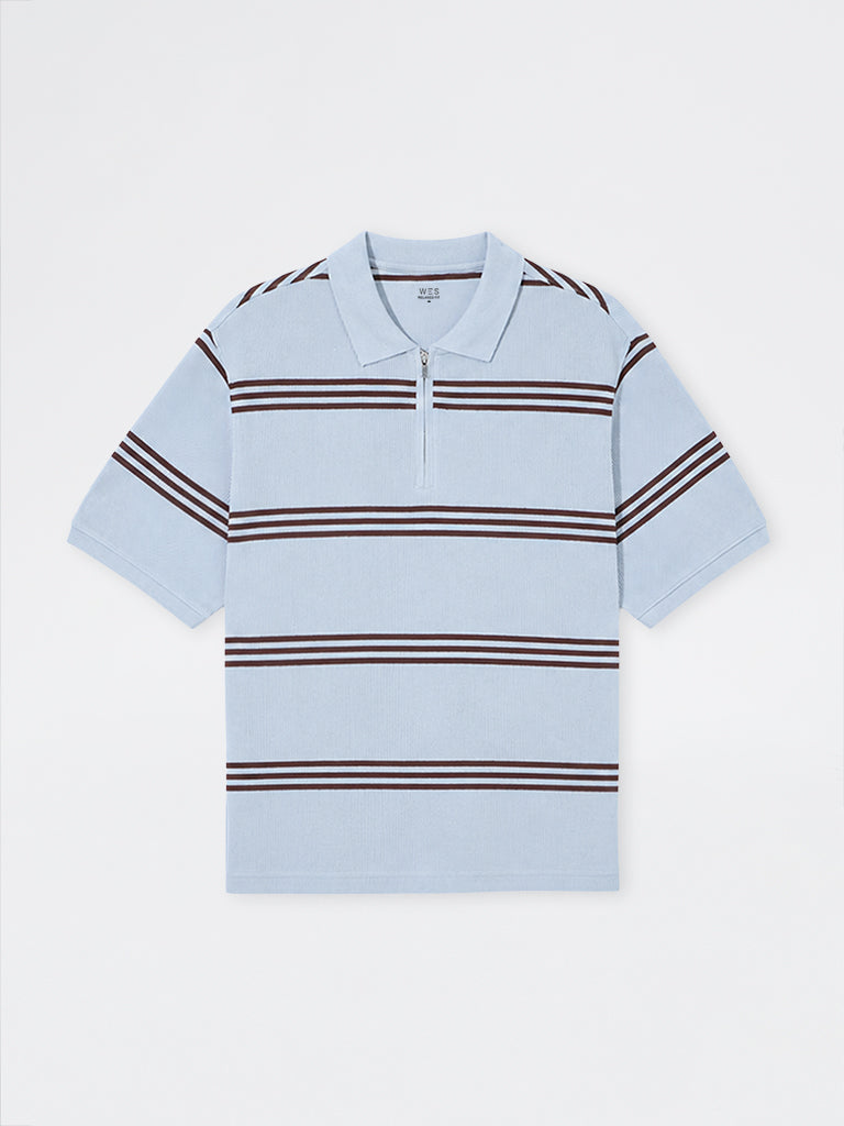 WES Casuals Light Blue Striped Relaxed-Fit  Quarter-Zip Cotton-Blend Polo T-Shirt