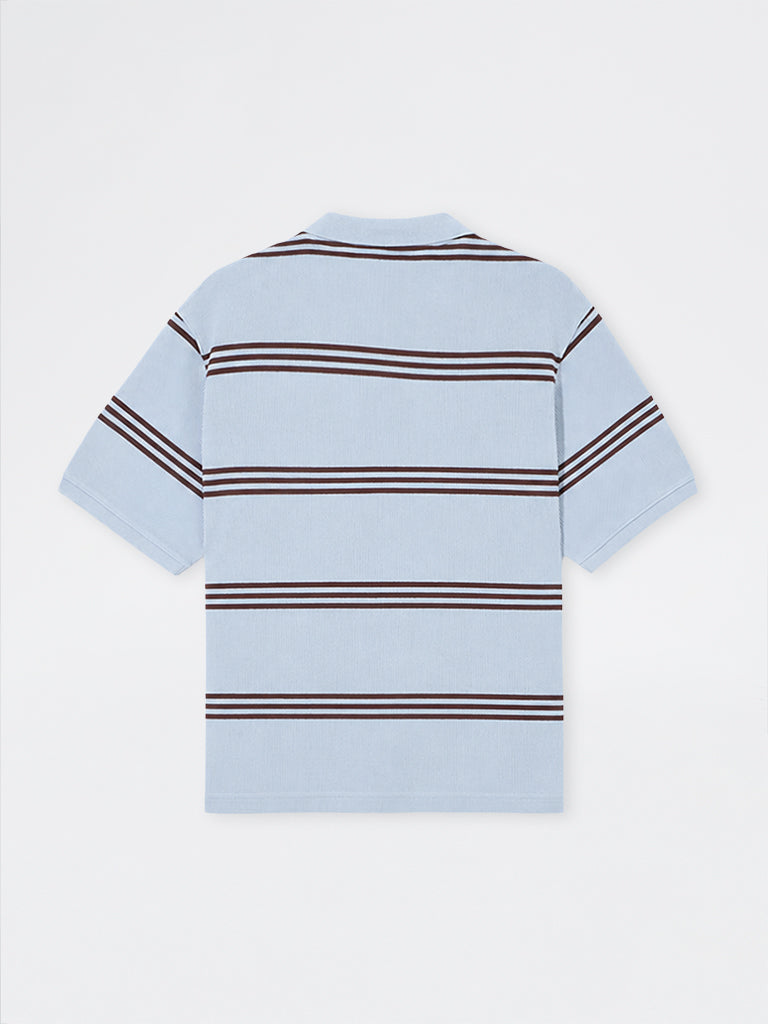 WES Casuals Light Blue Striped Relaxed-Fit  Quarter-Zip Cotton-Blend Polo T-Shirt