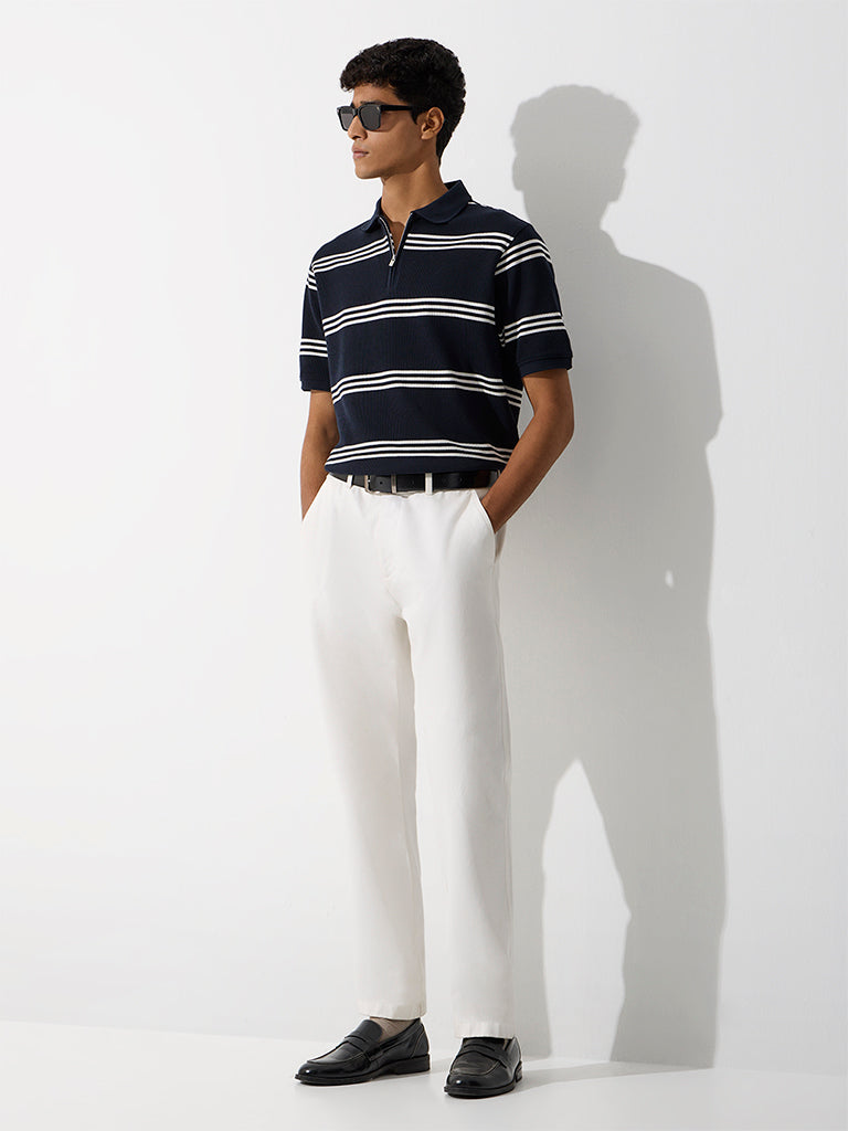 WES Casuals Navy Striped Relaxed-Fit Quarter-Zip Cotton-Blend Polo T-Shirt