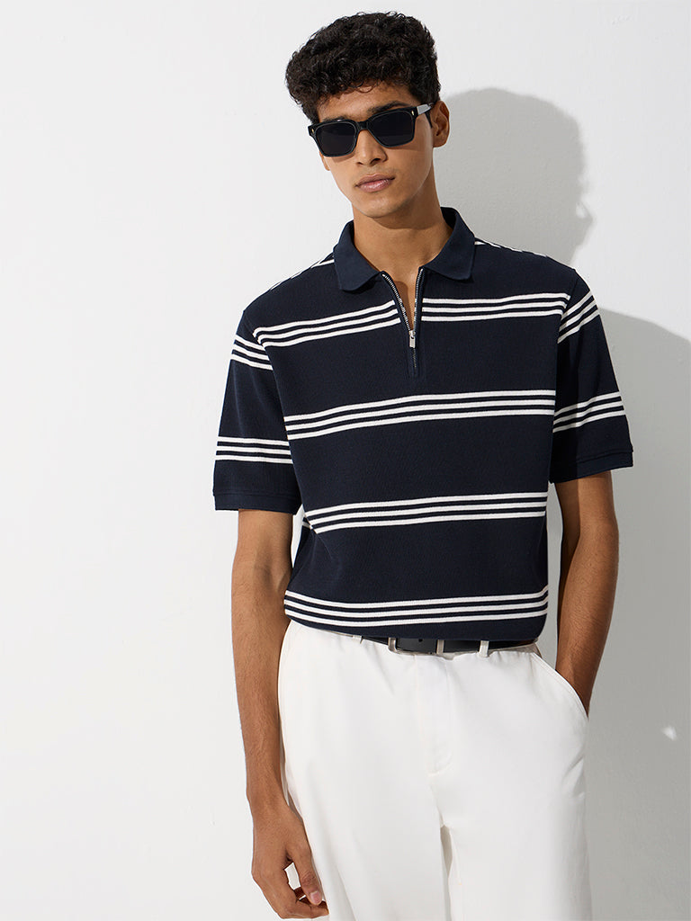 WES Casuals Navy Striped Relaxed-Fit Quarter-Zip Cotton-Blend Polo T-Shirt