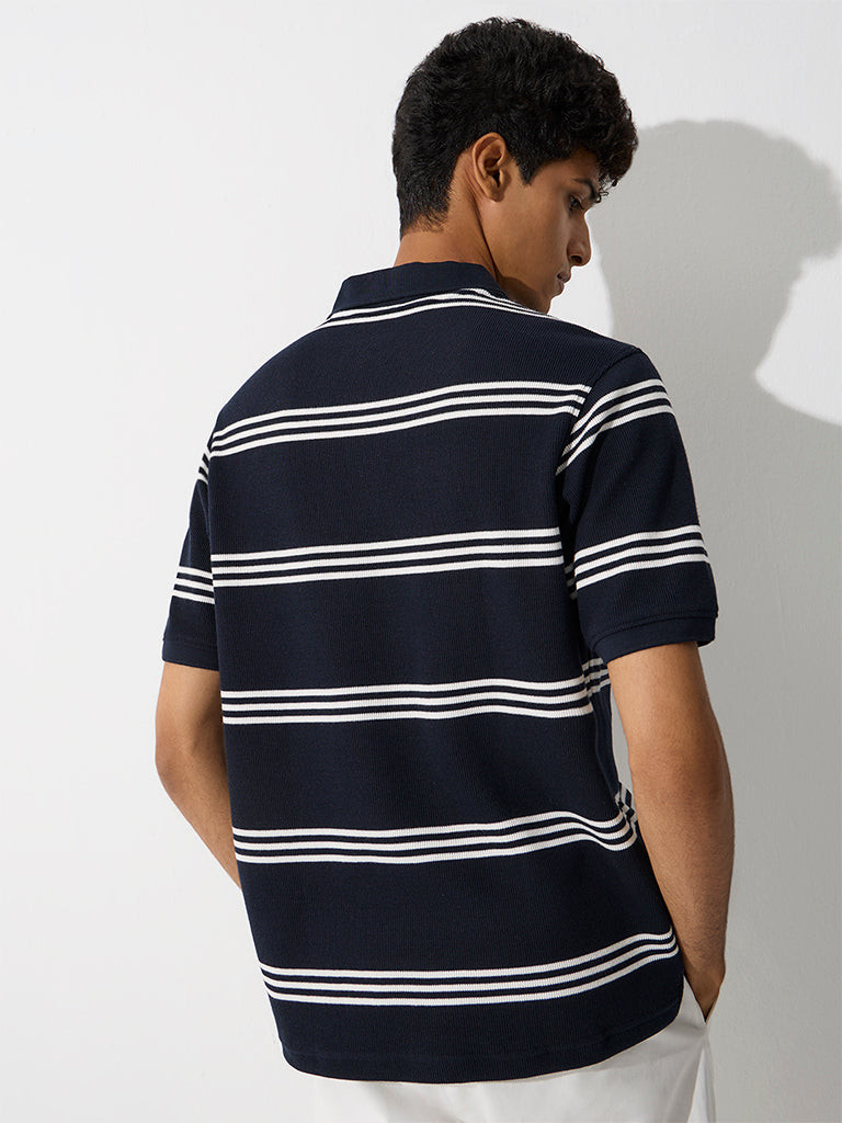WES Casuals Navy Striped Relaxed-Fit Quarter-Zip Cotton-Blend Polo T-Shirt