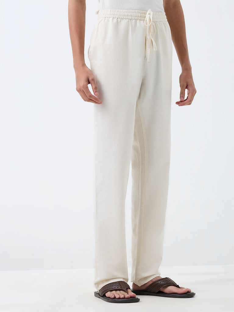 Kala by ETA Ivory Relaxed-Fit Mid-Rise Cotton-Blend Pants