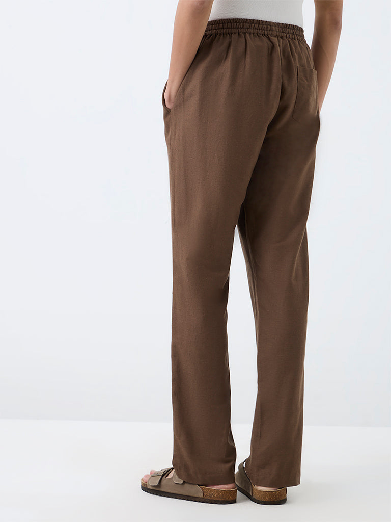 Kala by ETA Dark Taupe Relaxed-Fit Mid-Rise Cotton-Blend Pants