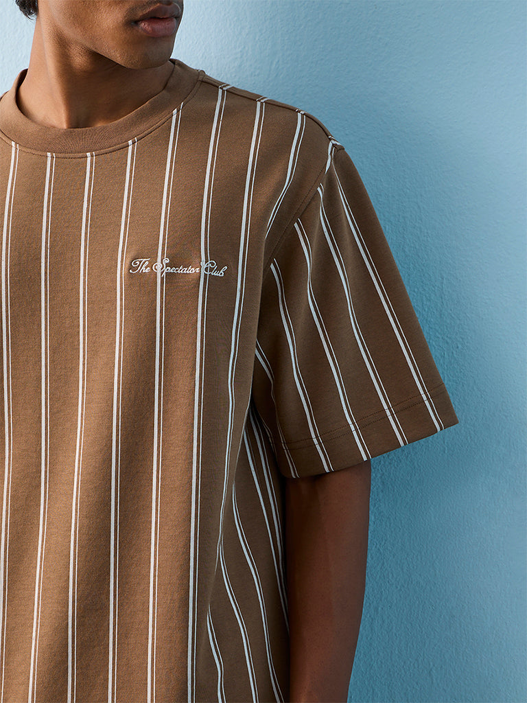 Nuoflexx Light Brown Striped Relaxed-Fit Cotton-Blend T-Shirt