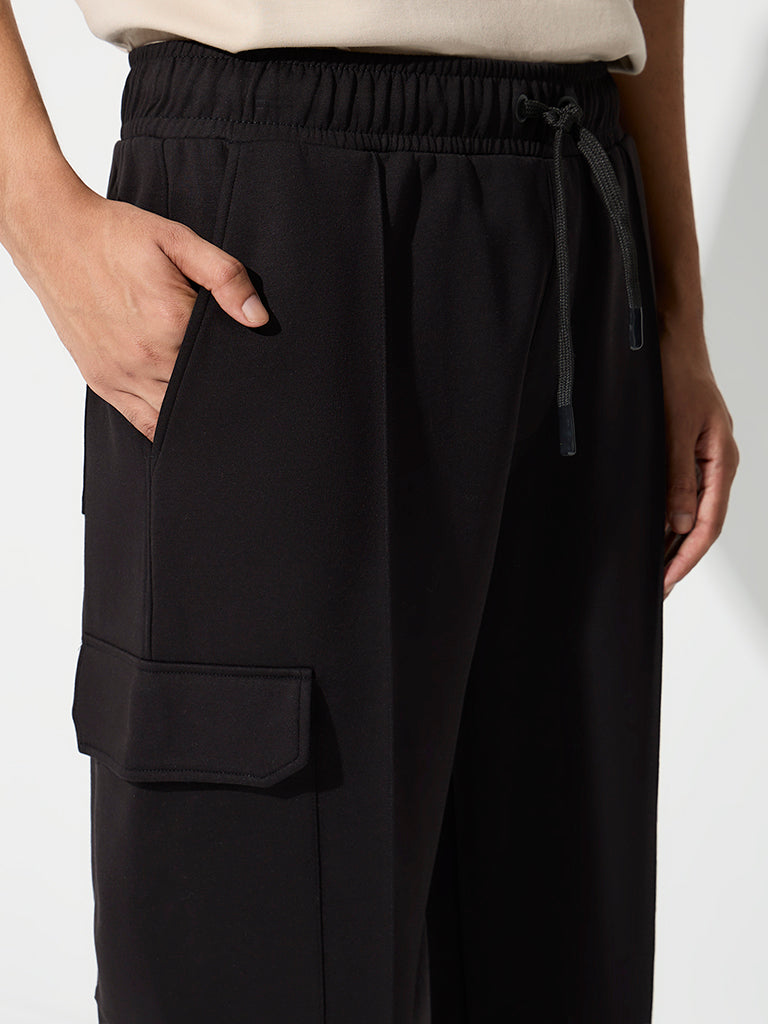 Nuoflexx Black Relaxed-Fit Mid-Rise Cargo-Style Track Pants