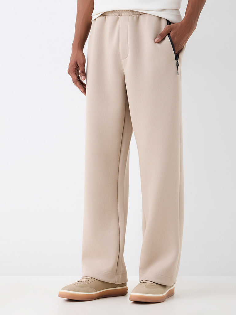 Nuoflexx Light Beige Solid Relaxed-Fit Mid-Rise Track Pants