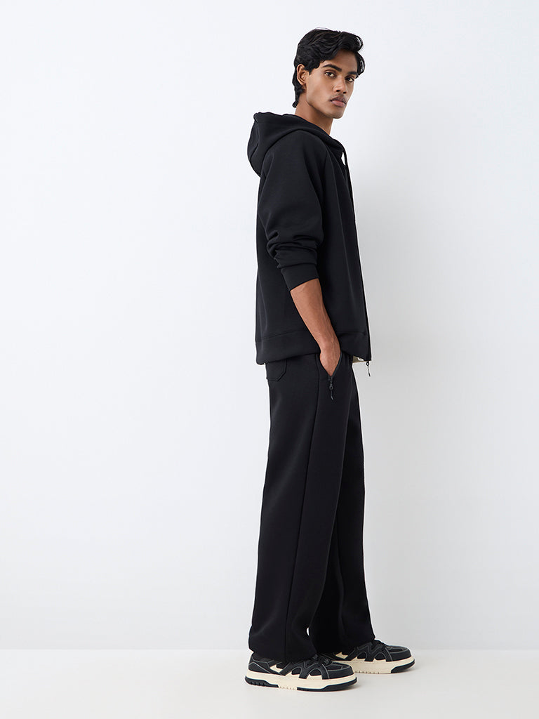 Nuoflexx Black Solid Relaxed-Fit Mid-Rise Track Pants