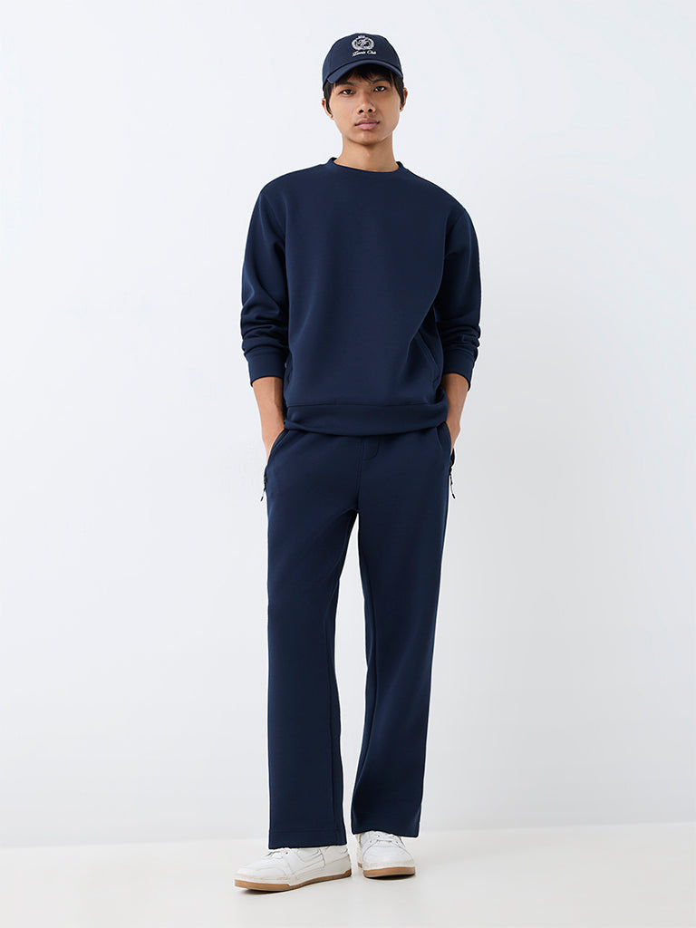 Nuoflexx Navy Solid Relaxed-Fit Mid-Rise Track Pants