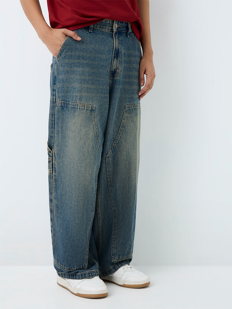 Nuon Blue Mid-Wash Baggy-Fit Mid-Rise Jeans