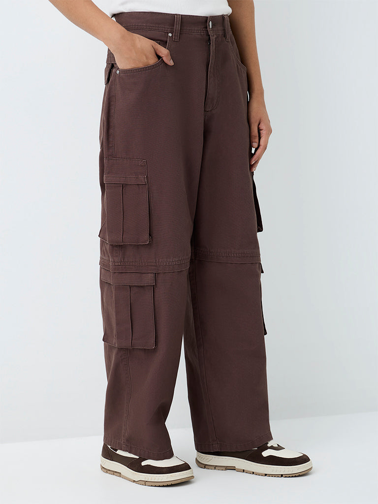 Nuon Brown Relaxed-Fit Mid-Rise Cargo Jeans