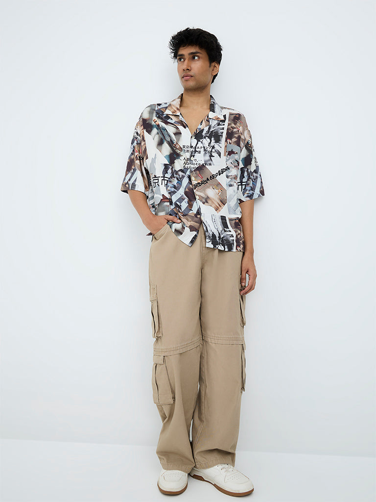Nuon Beige Relaxed-Fit Mid-Rise Cargo Jeans