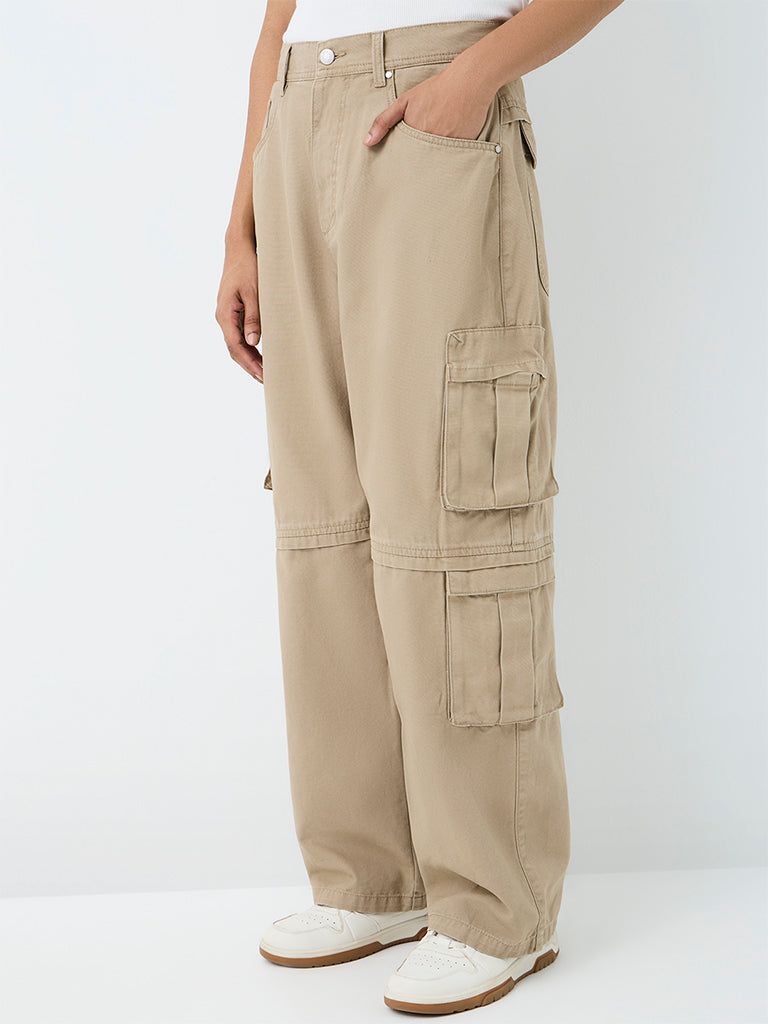 Nuon Beige Relaxed-Fit Mid-Rise Cargo Jeans