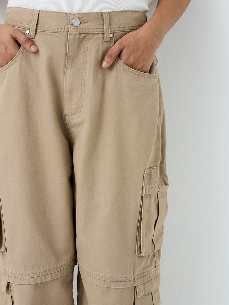 Nuon Beige Relaxed-Fit Mid-Rise Cargo Jeans