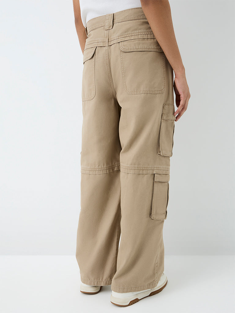 Nuon Beige Relaxed-Fit Mid-Rise Cargo Jeans