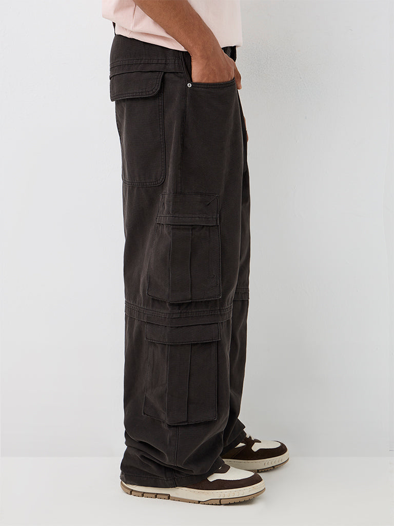 Nuon Brown Solid Loose-Fit Mid-Rise Cargo Jeans