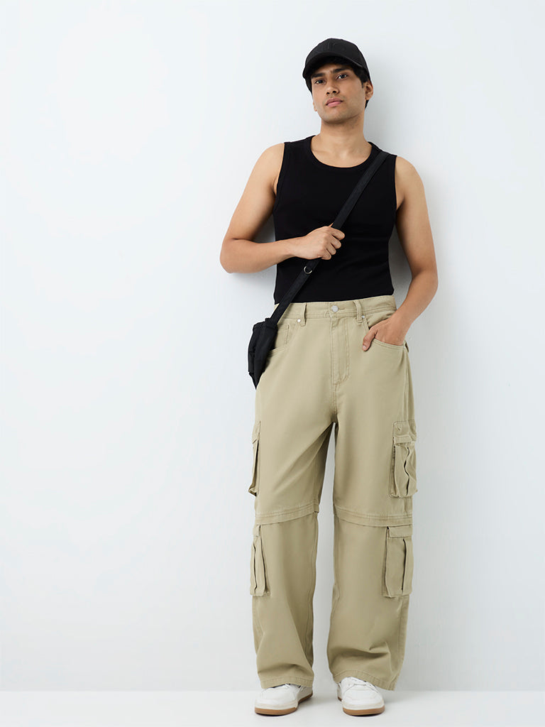 Nuon Light Khaki Baggy-Fit Mid-Rise Cargo Jeans