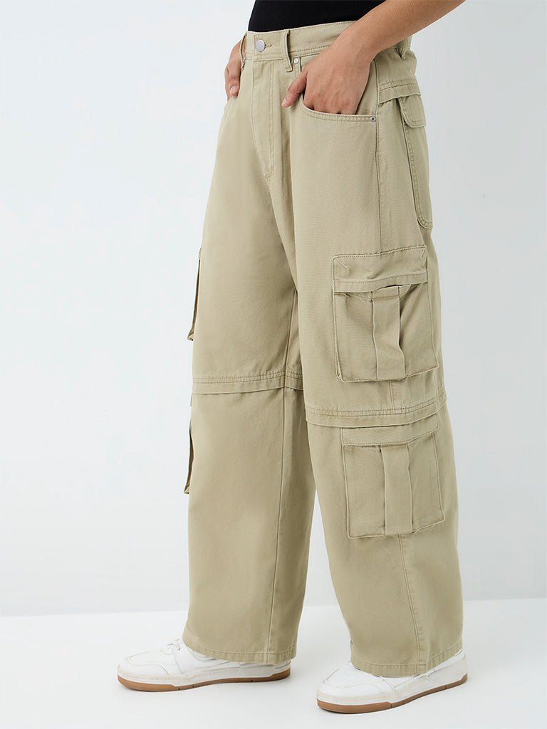 Nuon Light Khaki Baggy-Fit Mid-Rise Cargo Jeans