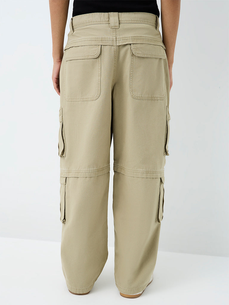 Nuon Light Khaki Baggy-Fit Mid-Rise Cargo Jeans