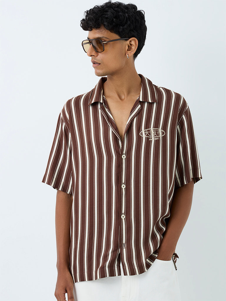 Nuon Dark Brown Striped Relaxed-Fit Shirt