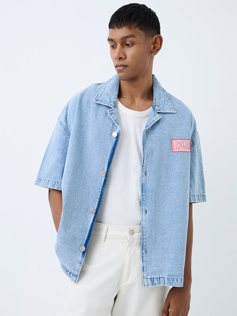 Nuon Light Blue Text-Detail Boxy-Fit Denim Shirt