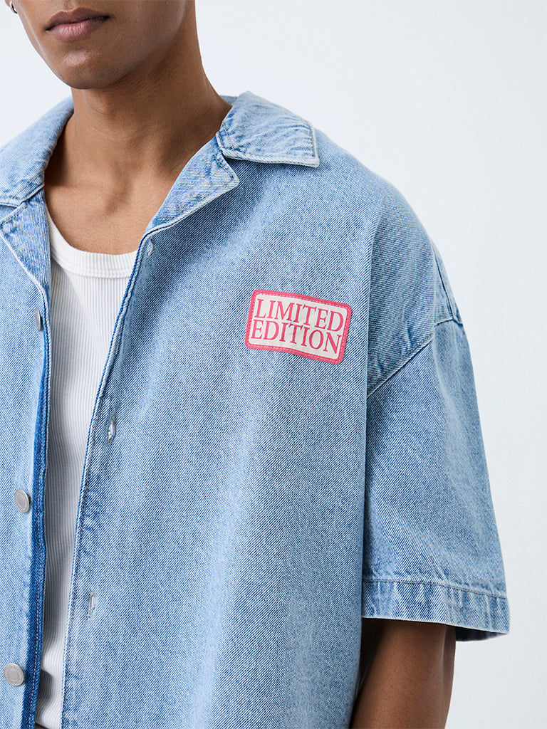 Nuon Light Blue Text-Detail Boxy-Fit Denim Shirt