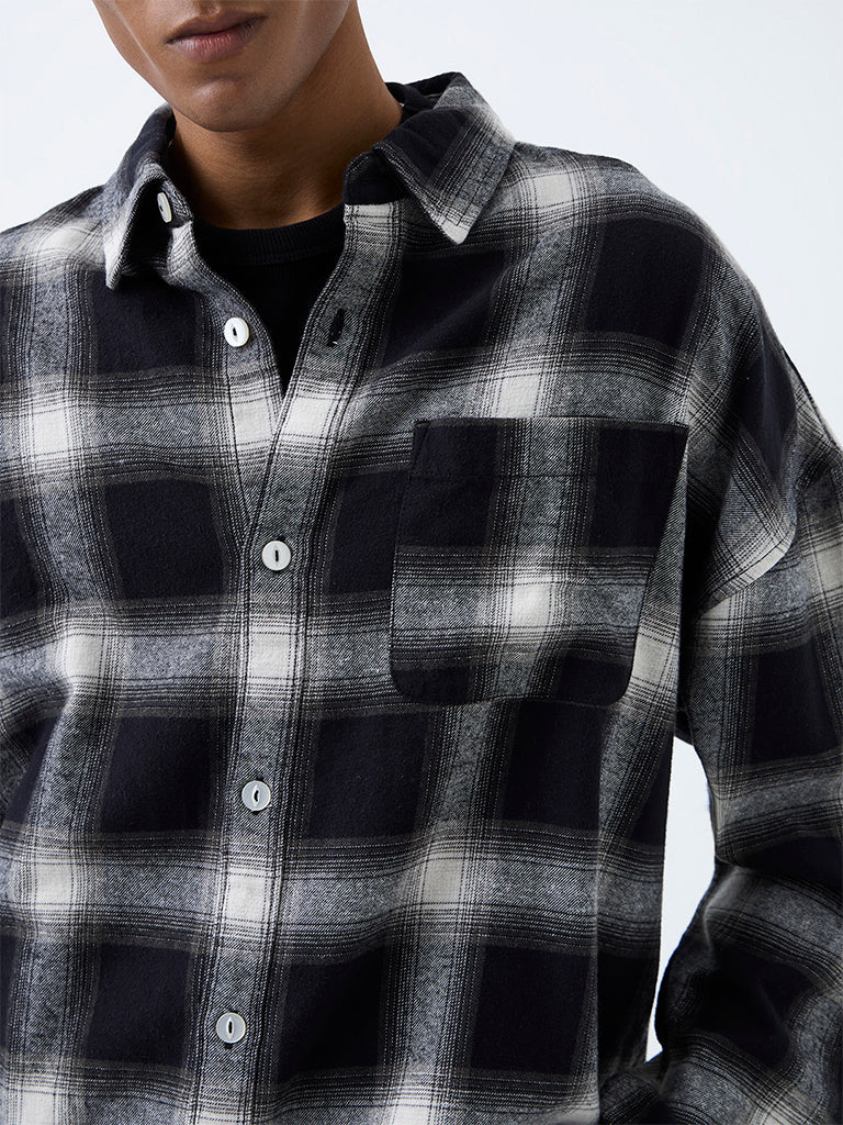 Nuon Black Checkered Boxy-Fit Cotton Shirt