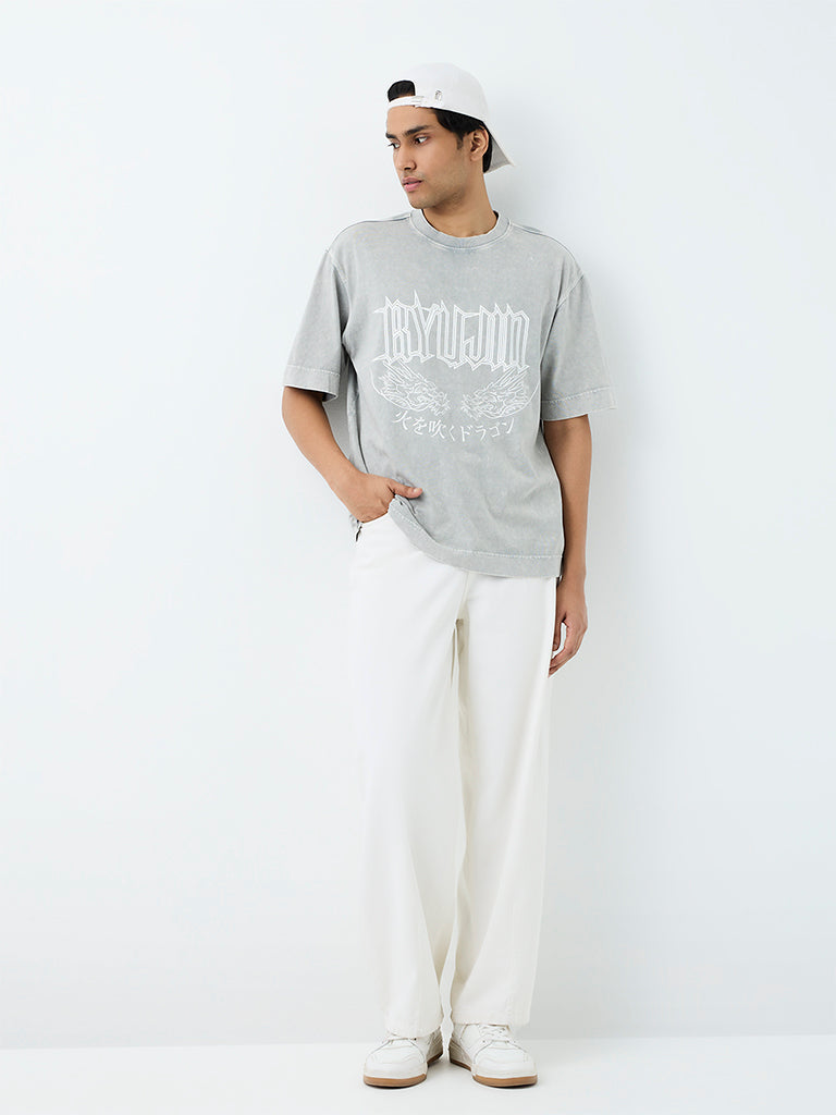 Nuon Grey Graphic Printed Oversized Cotton T-Shirt