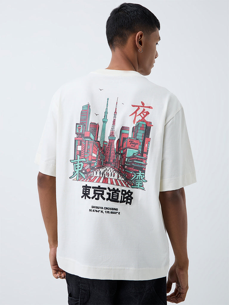 Nuon Off-White Cityscape Printed Relaxed-Fit Cotton T-Shirt