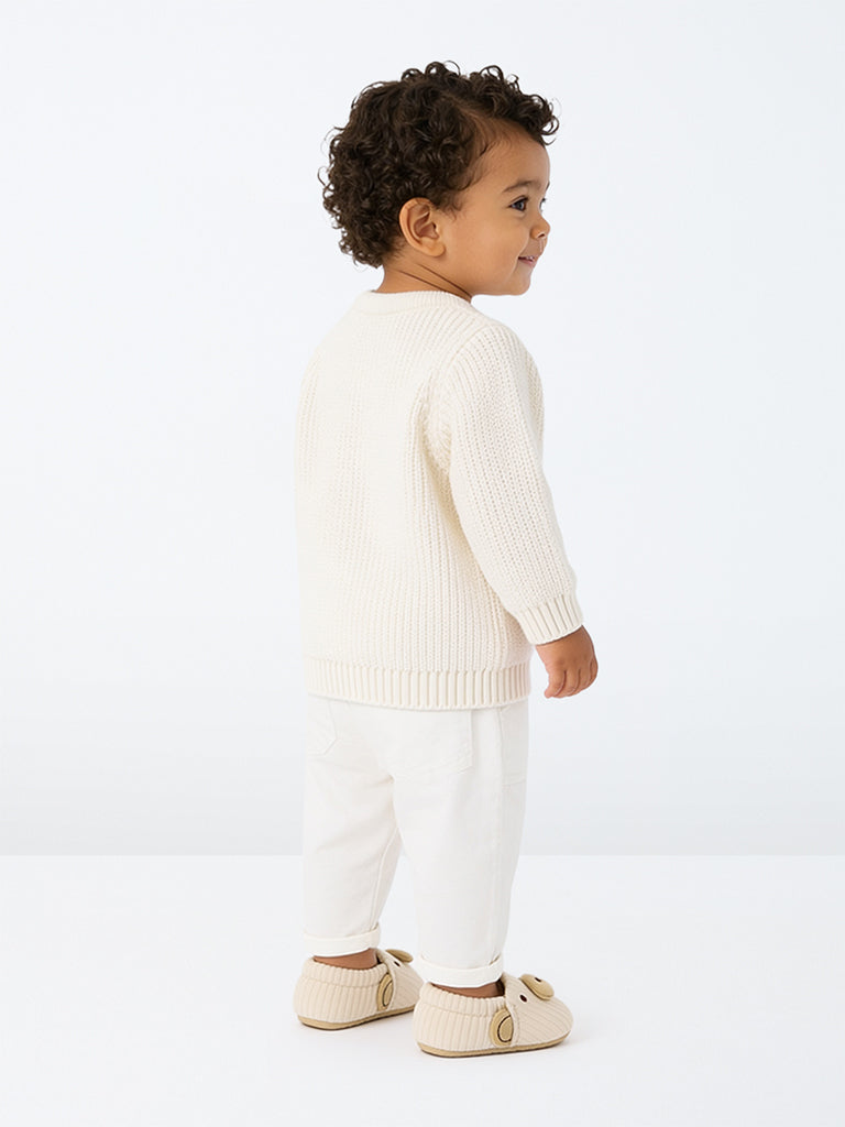HOP Baby Boys White Solid Mid-Rise Cotton-Blend Trousers