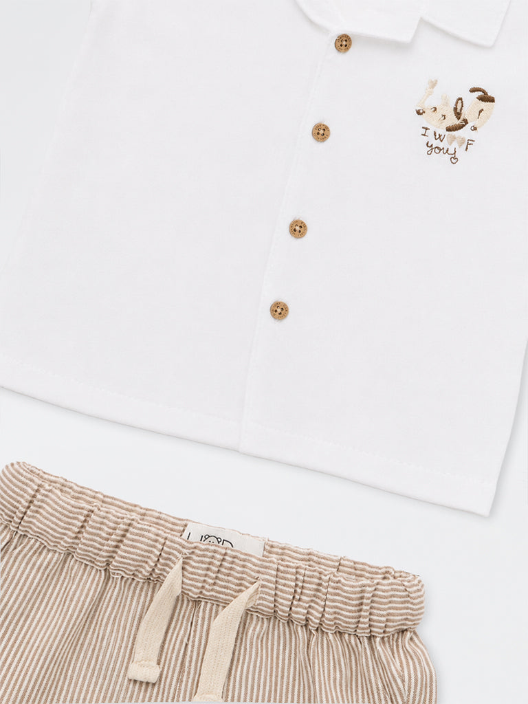 HOP Baby Boys White Crinkle-Textured Cotton Shirt and Shorts Set