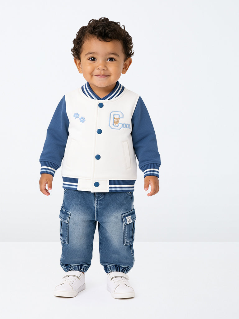 HOP Baby Boys White Dog Embroidered Cotton-Blend Varsity Jacket