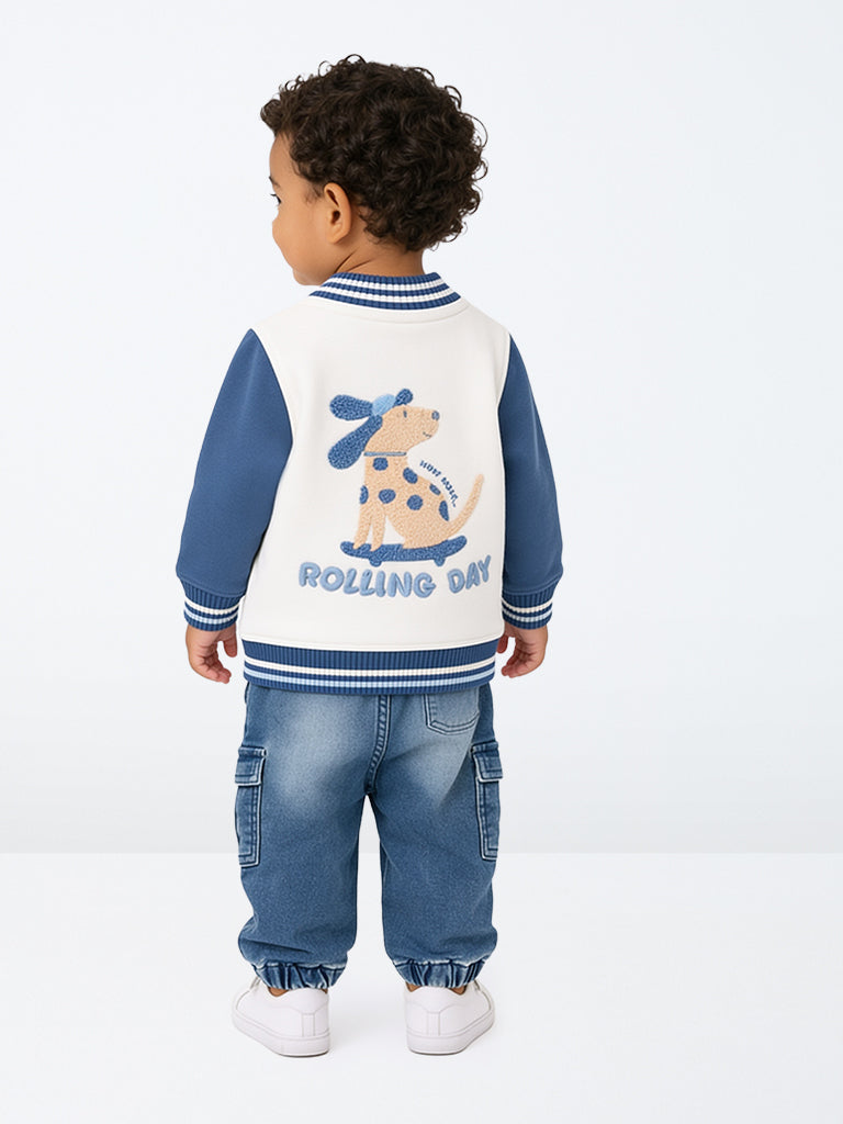 HOP Baby Boys White Dog Embroidered Cotton-Blend Varsity Jacket
